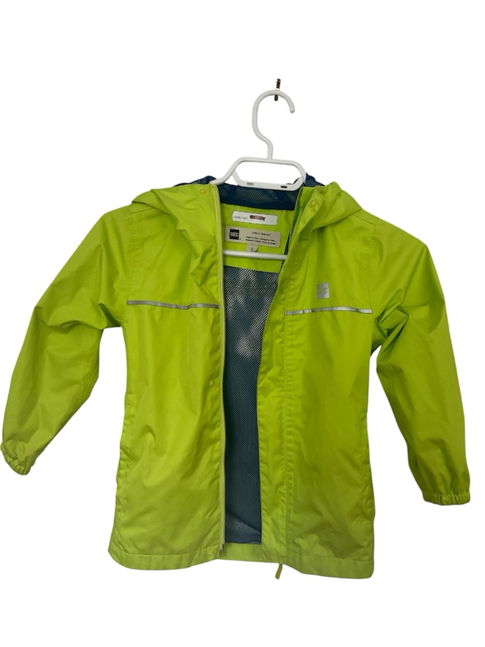 MEC Kids Neon Lime Hooded Rain Jacket‎ size 5
